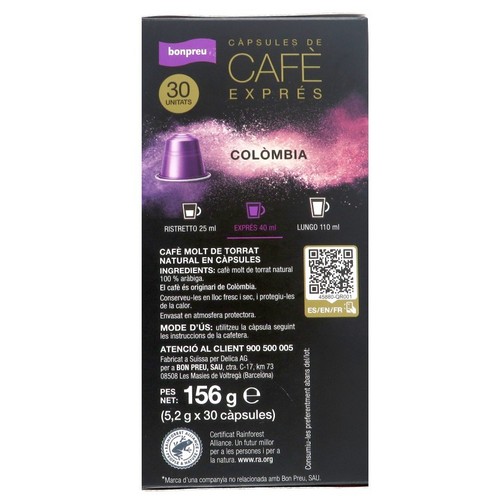 BONPREU Càpsules de cafè Colòmbia intensitat 7