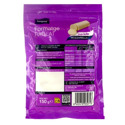 BONPREU Formatge mozzarella ratllat s/lactosa