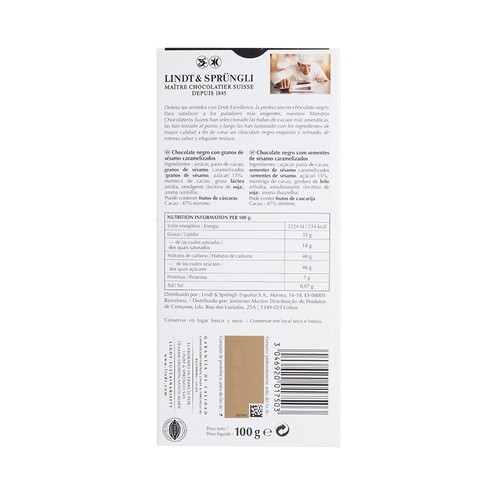 LINDT EXCELLENCE Xocolata negra suau amb sèsam