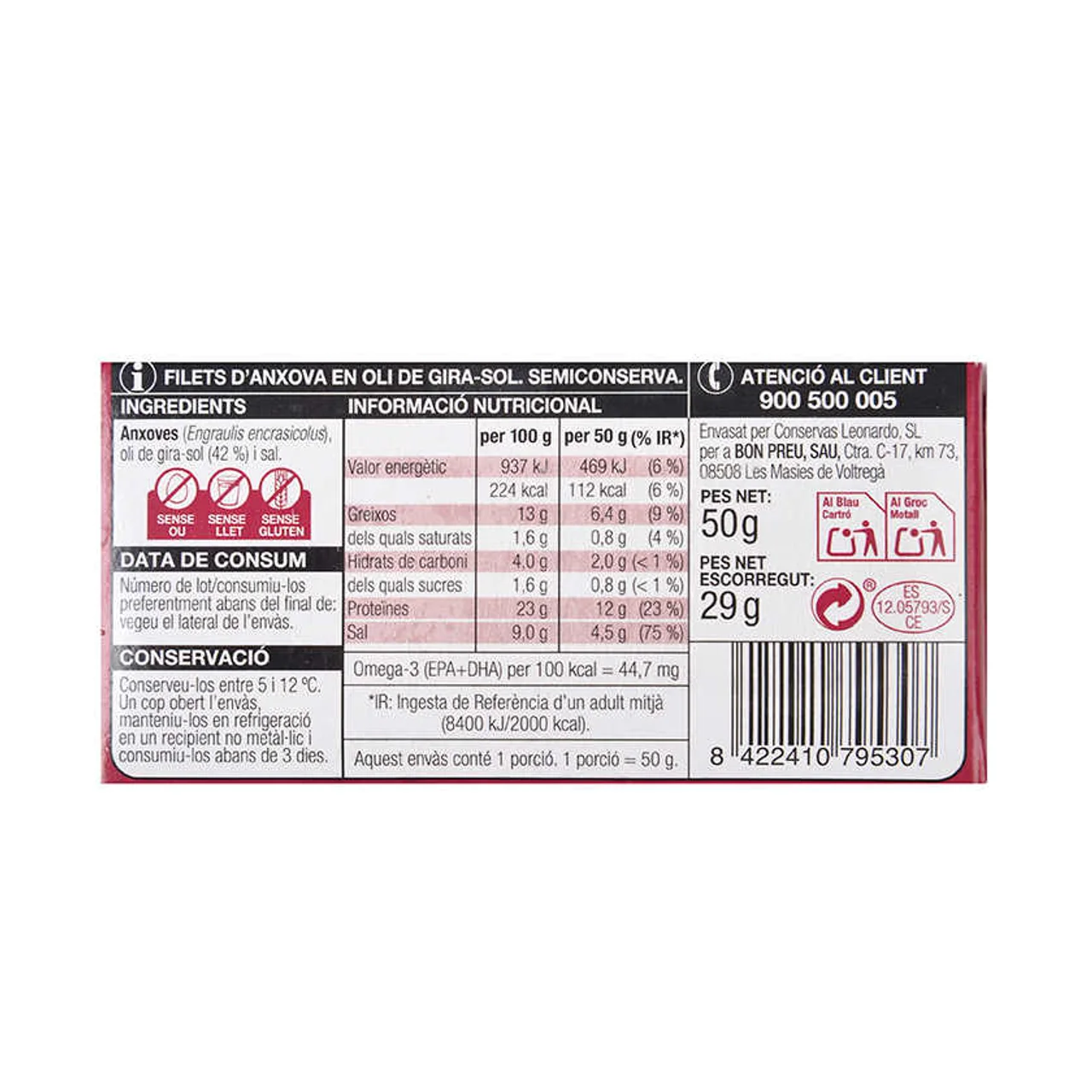 BONPREU Filete anchoa del Cantábrico aceite girasol