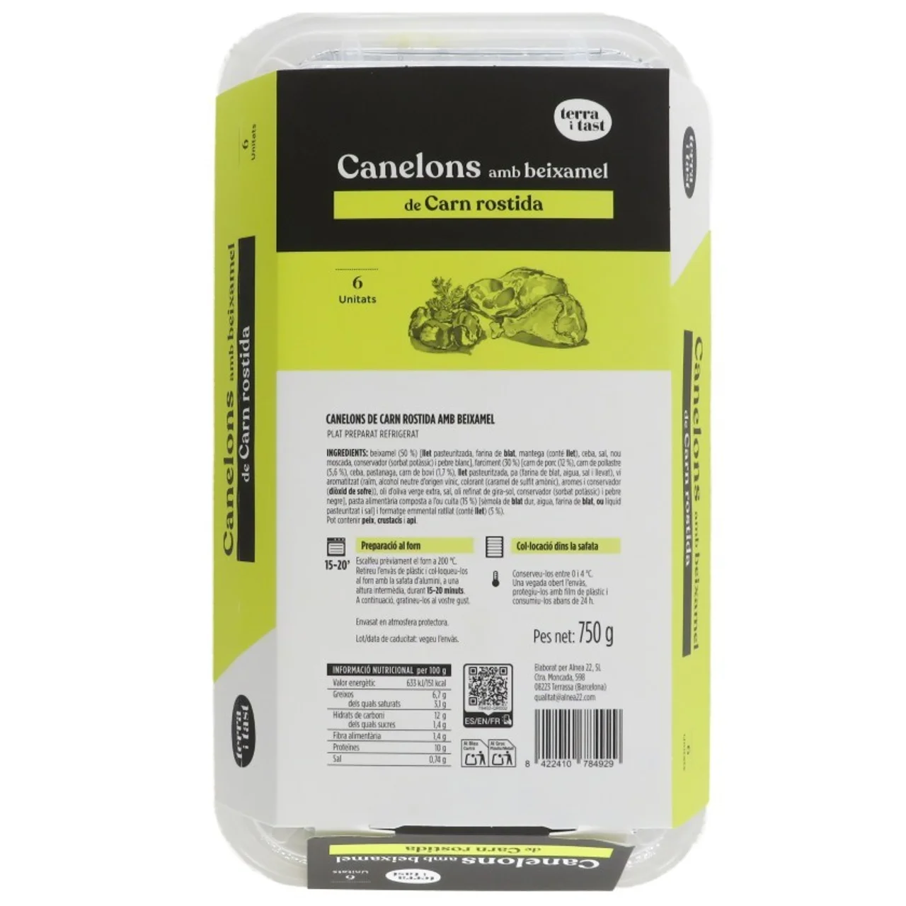 TERRA I TAST Canelones de carne asada con bechamel 6u.
