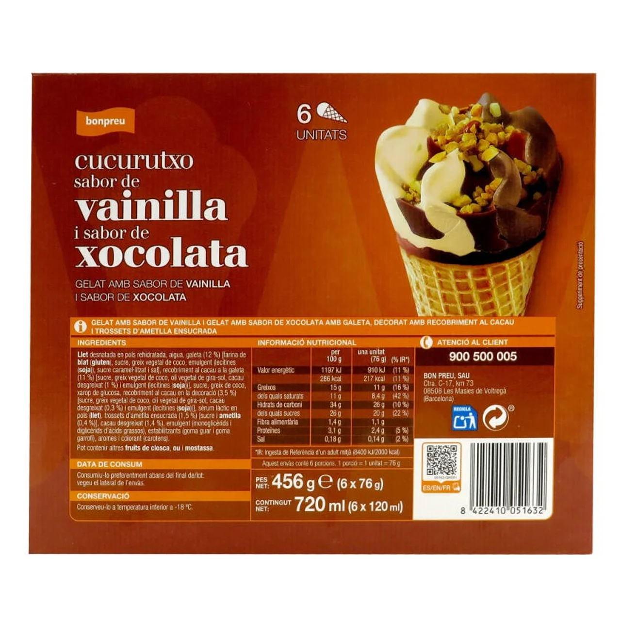 BONPREU Cucurucho sabor a vainilla y sabor a chocolate
