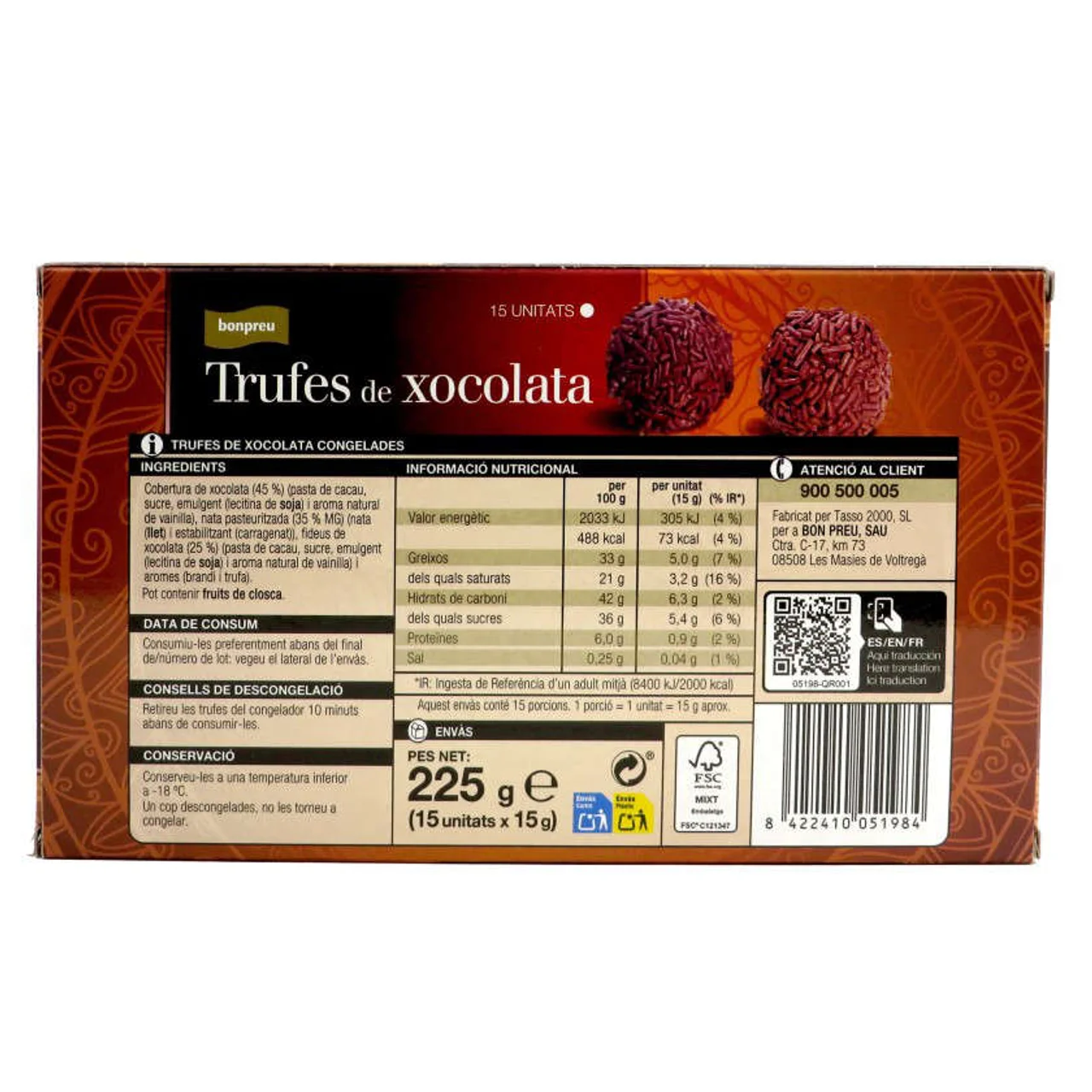 BONPREU Trufas de chocolate congeladas en caja de 15 unidades