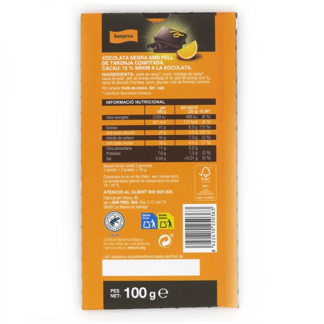 BONPREU Chocolate negro con naranja 72% de cacao