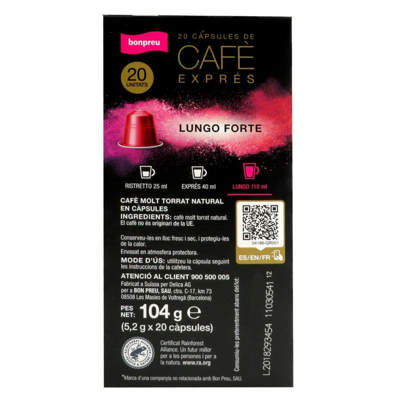BONPREU Cápsulas de café Lungo Forte intensidad 10