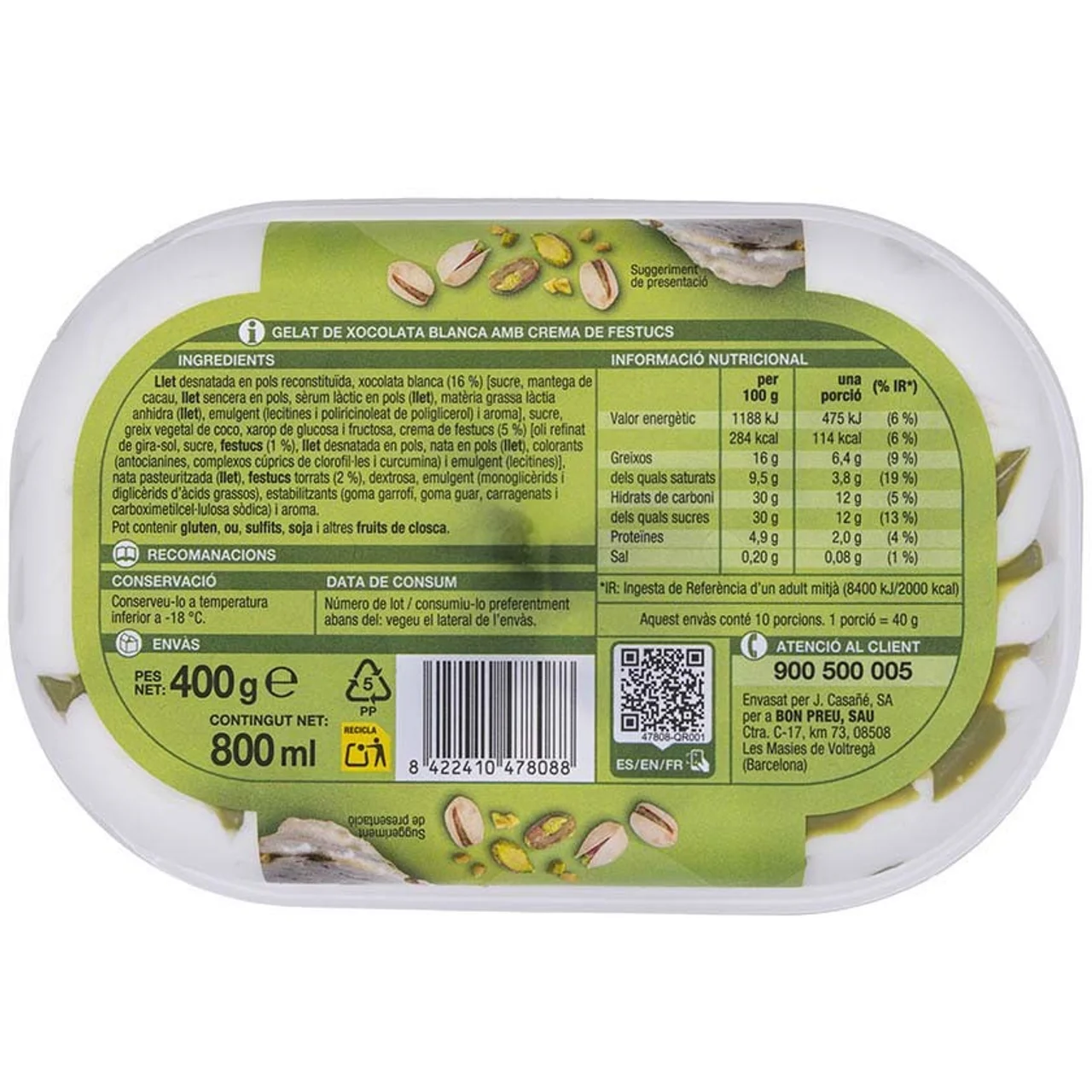 BONPREU Helado de chocolate blanco con pistachos