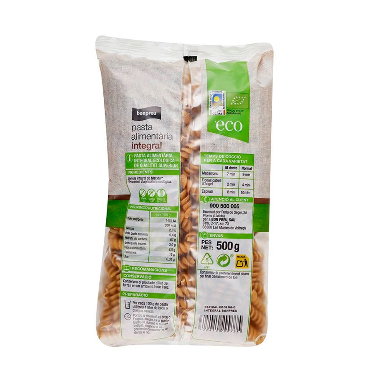 BONPREU Pasta integral espirales ecológica Km0