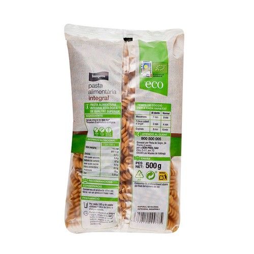BONPREU Pasta integral espirals ecològica Km0