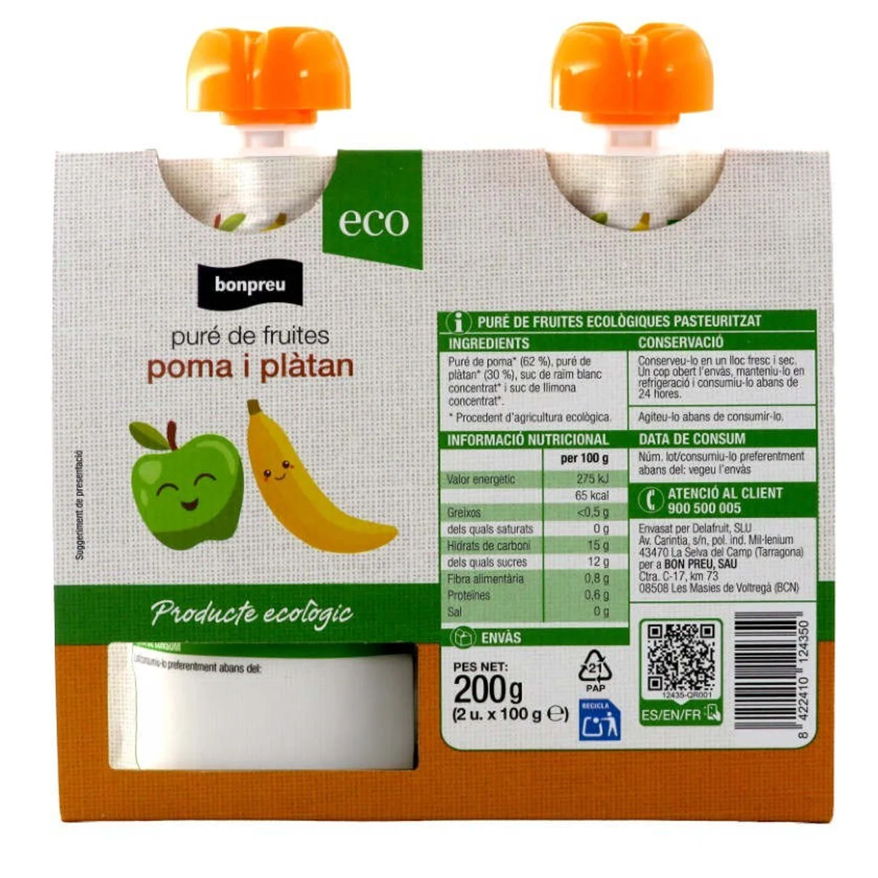 BONPREU Puré de frutas ecológicas de manzana y plátano