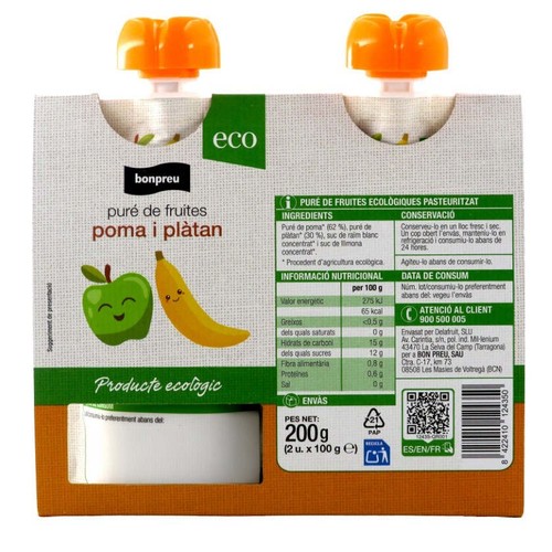 BONPREU Puré de fruites ecològiques de poma i plàtan