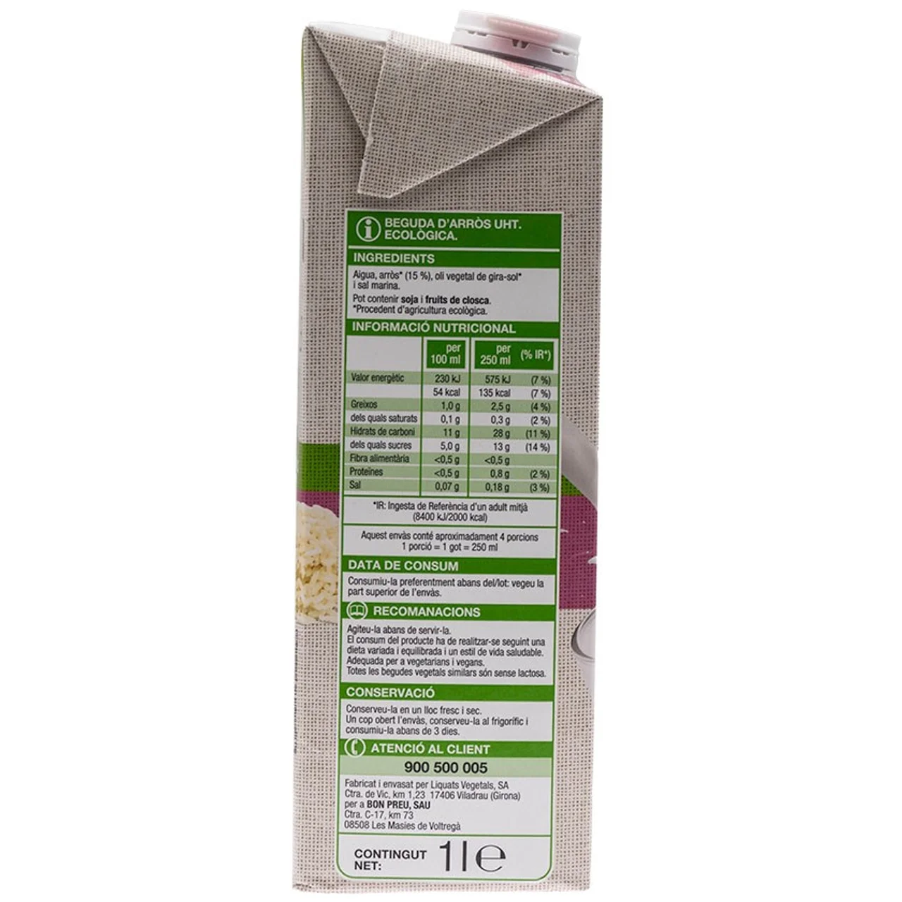 BONPREU Bebida de arroz ecológica en cartón de 1 litro
