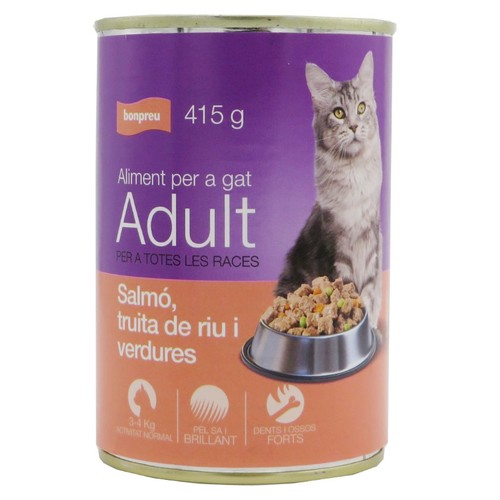 BONPREU Menjar de salmó, truita de riu i verdures per a gat adult