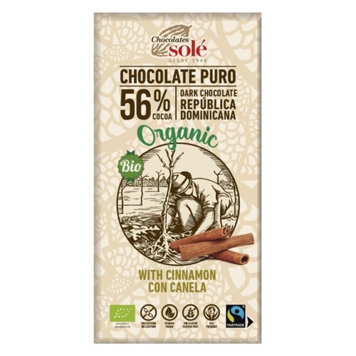 SOLÉ Xocolata negra 56% amb canyella ecològica Km0