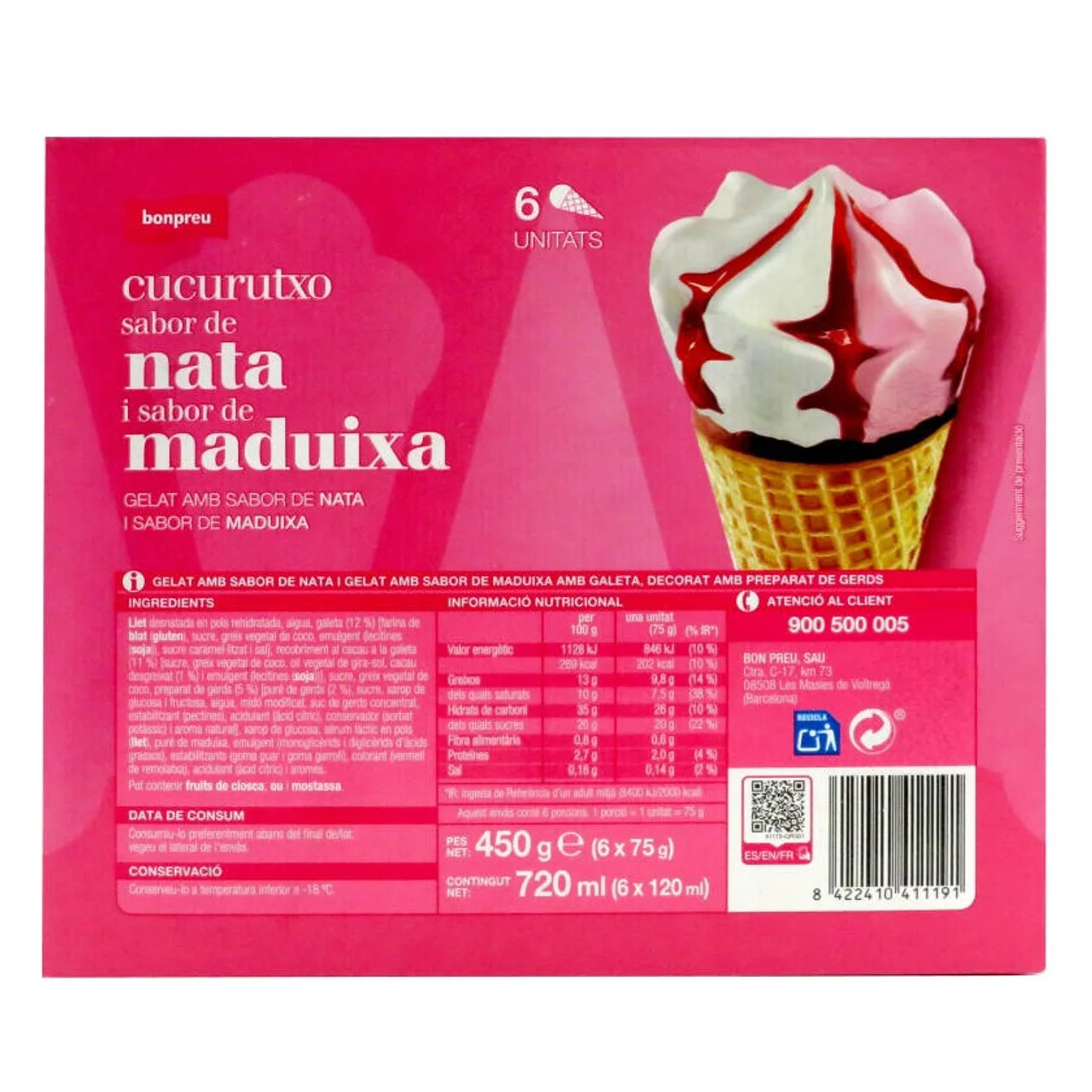 BONPREU Cucurucho sabor a nata y sabor a fresa