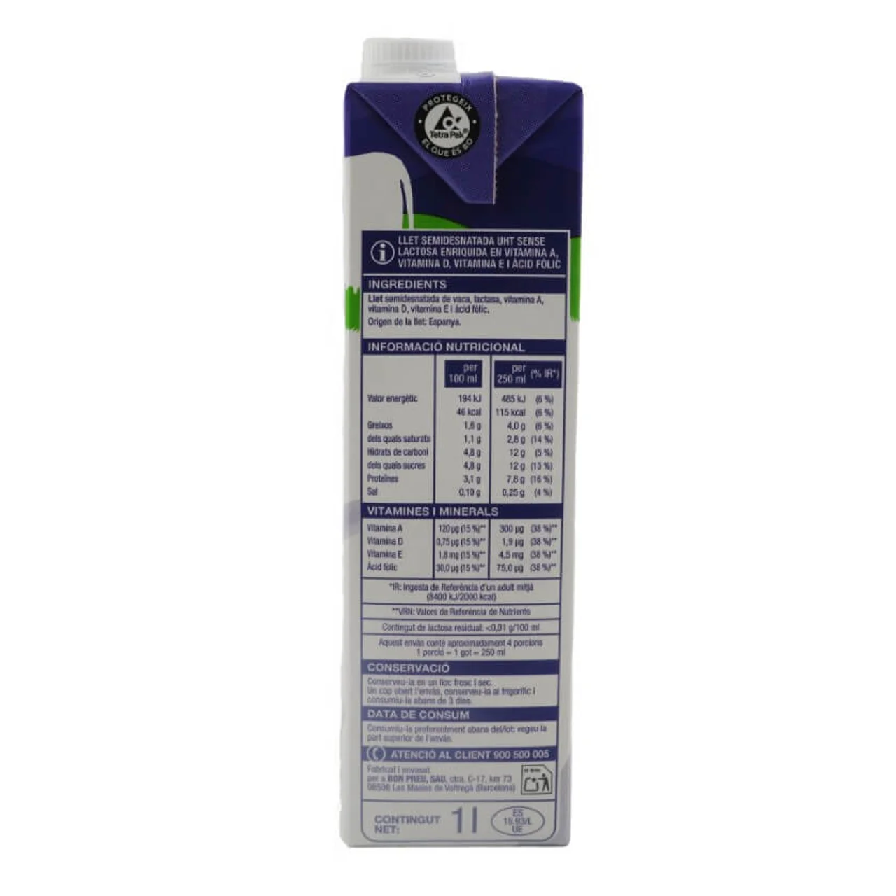 BONPREU Leche semidesnatada UHT sin lactosa