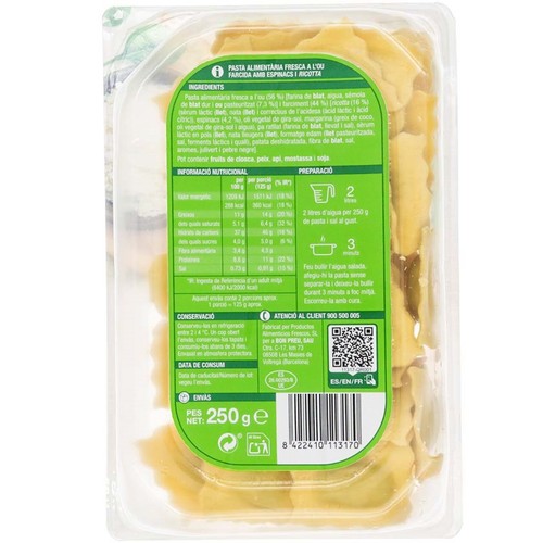 BONPREU Raviolis farcits d'espinacs i ricotta