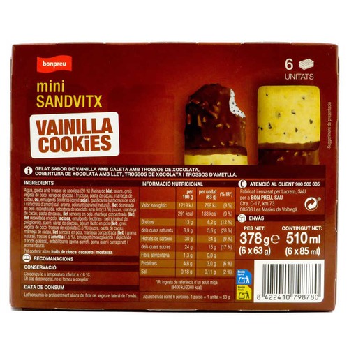 BONPREU Gelat sandvitx mini vainilla i cookies