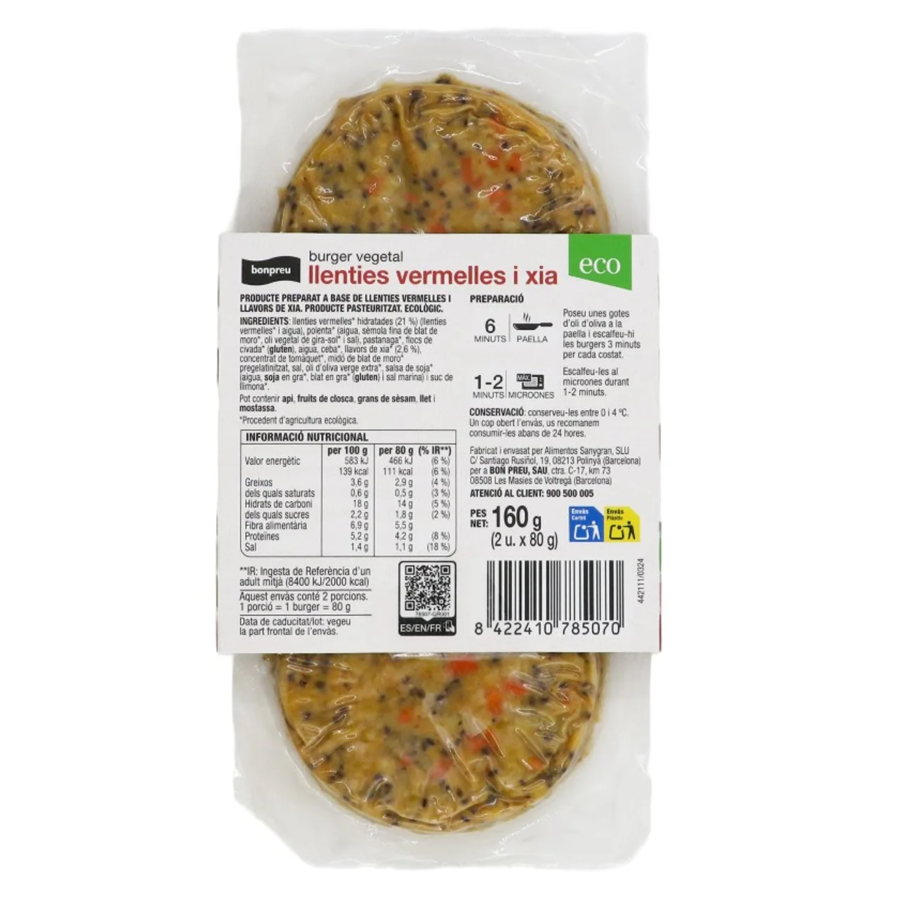 BONPREU Burger vegetal lentejas rojas y chía ecológica