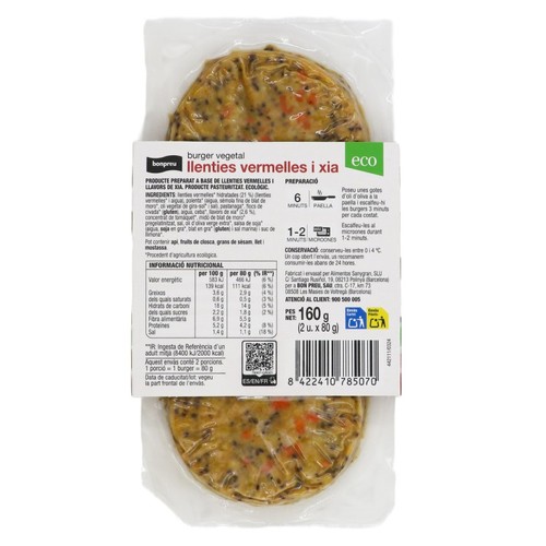 BONPREU Burger vegetal  llenties vermelles i xia ecològica