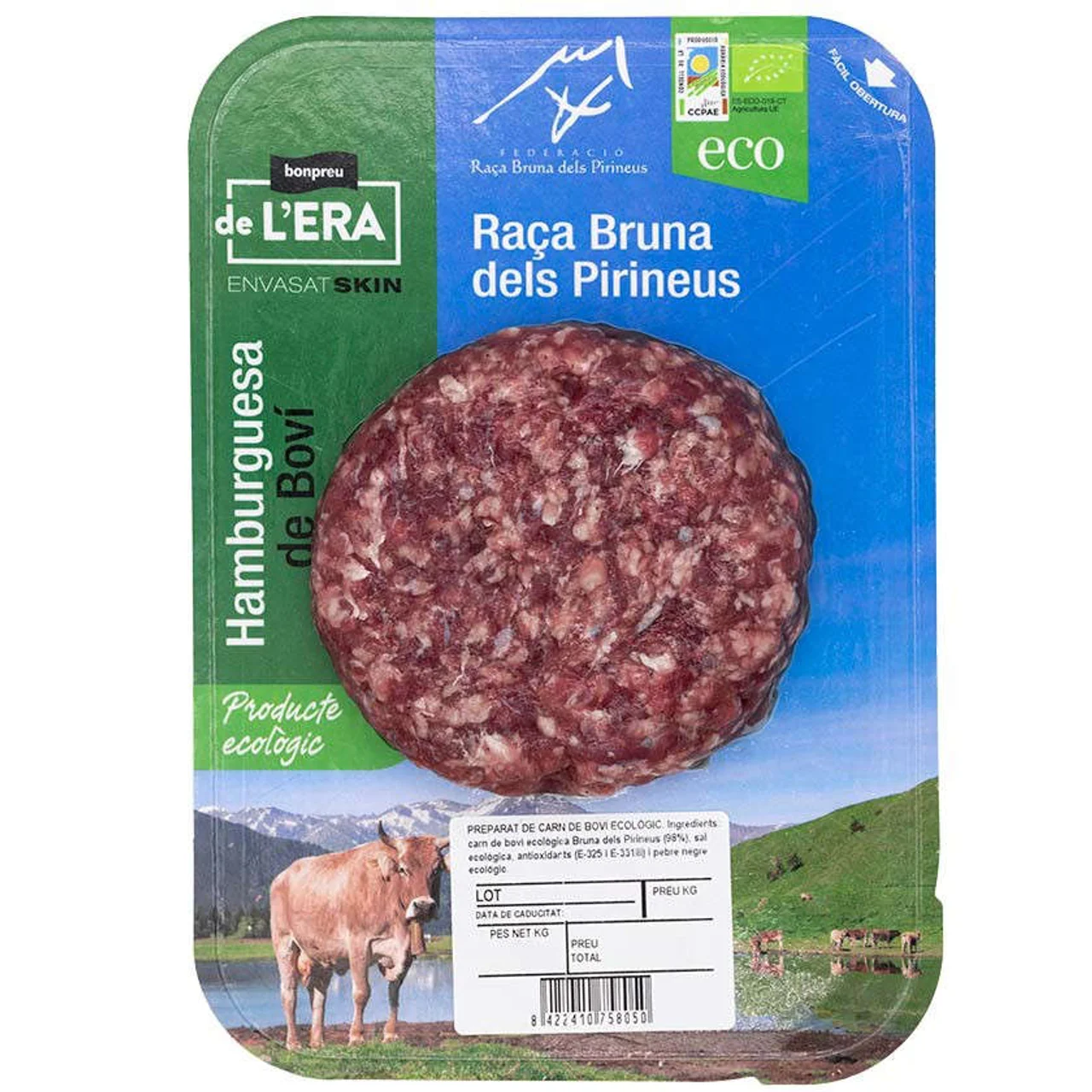 BONPREU DE L'ERA Hamburguesa de vacuno Raza Bruna de los Pirineos ecológica
