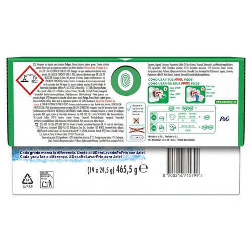 ARIEL Detergent en càpsules Poder Llevataques de 19 dosis