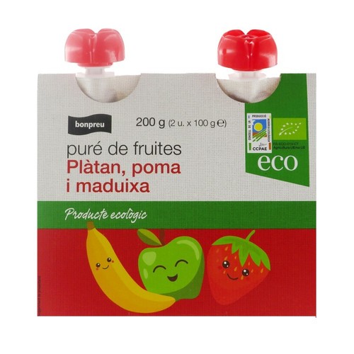 BONPREU Puré de fruites plàtan, poma i maduixa