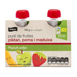 BONPREU Puré de fruites plàtan, poma i maduixa ecològic