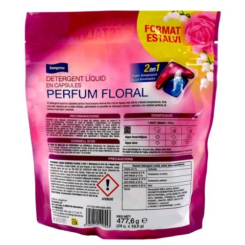 BONPREU Detergent líquid en càpsules perfum floral 2en1 de 24 dosis