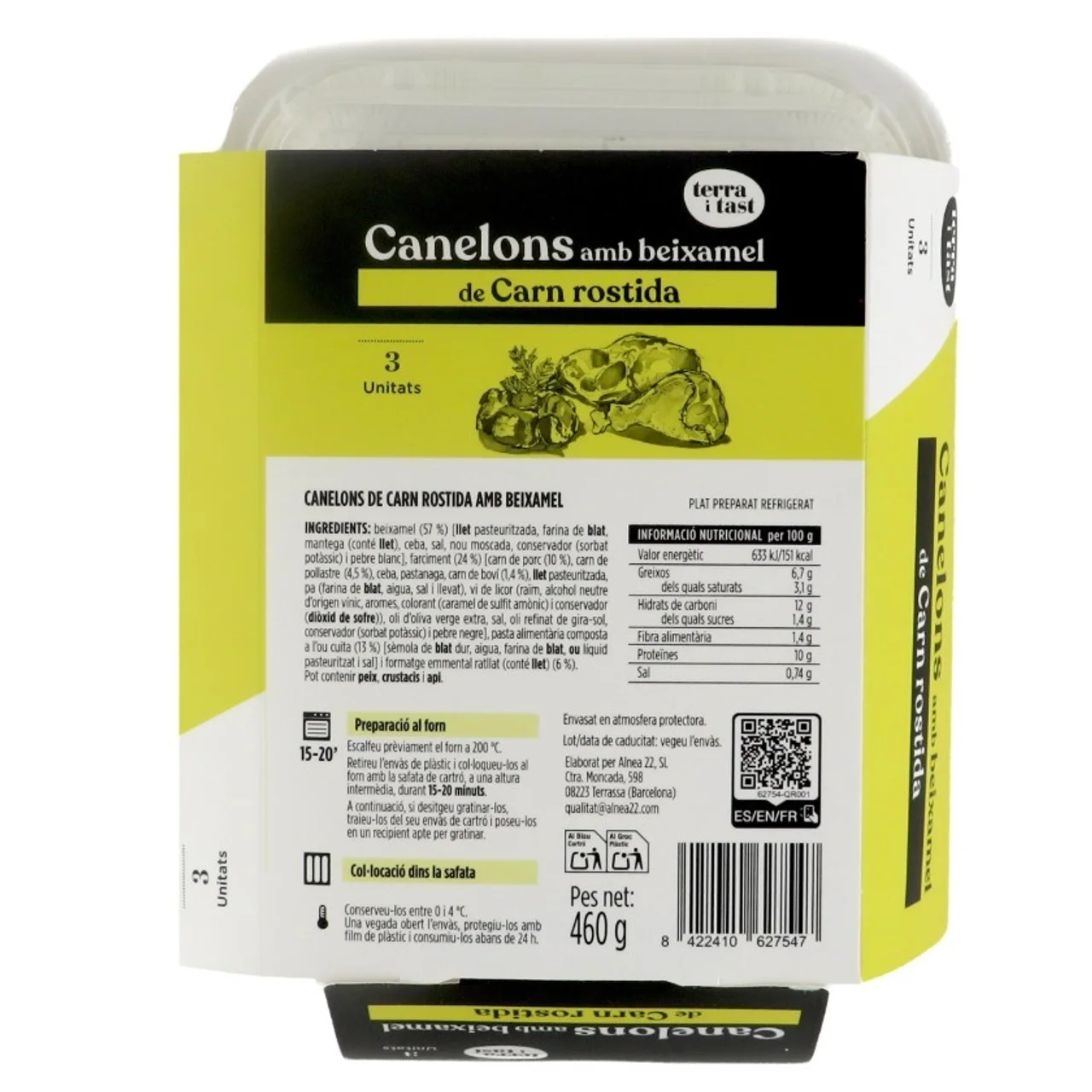 TERRA I TAST Canelones con bechamel de carne asada 3 u.