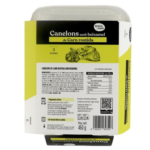 TERRA I TAST Canelons amb beixamel de carn rostida 3u.