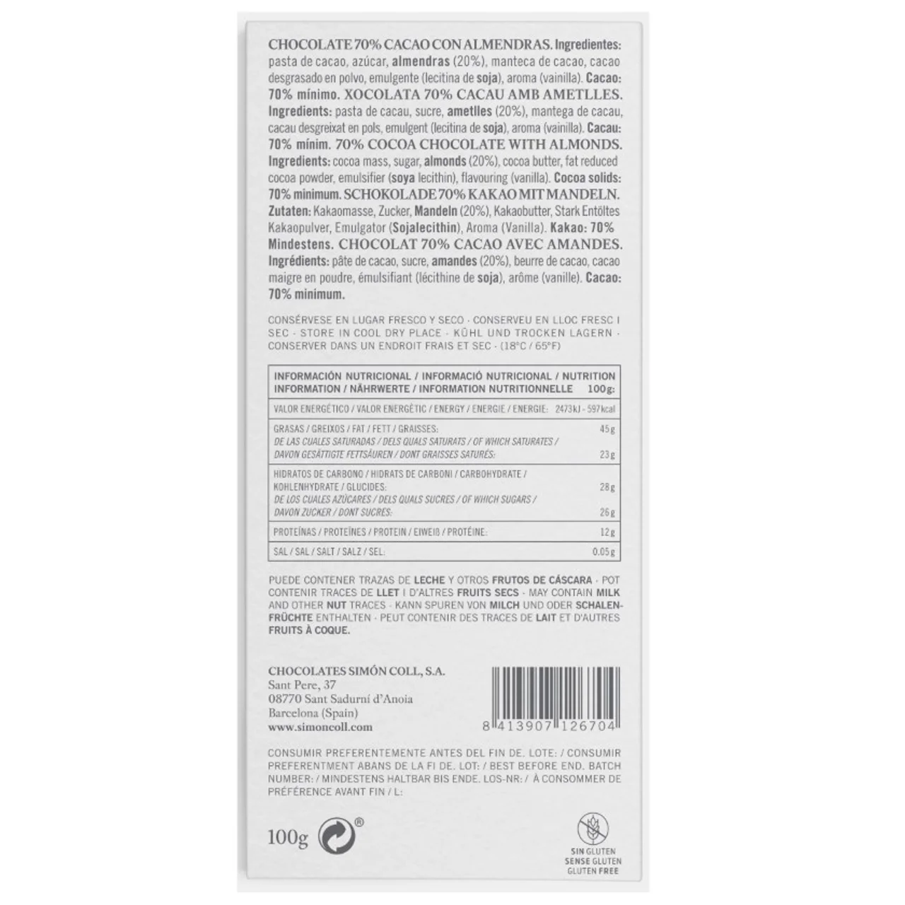 Chocolate 70% cacao con almendra Km0