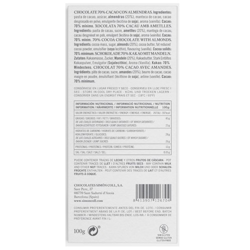 SIMÓN COLL Xocolata 70% cacau amb ametlla Km0