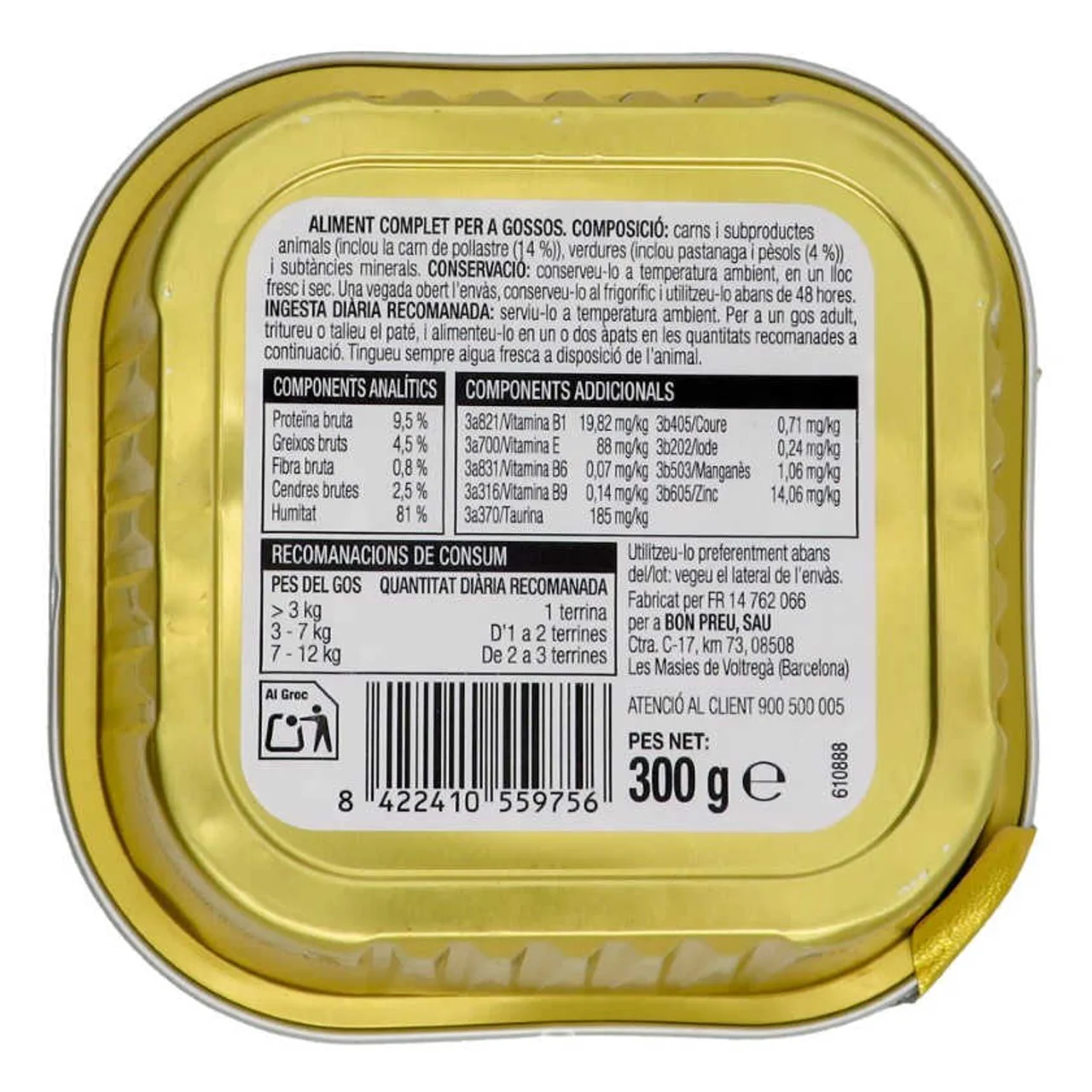 BONPREU Alimento paté rico en pollo con verduras para perro adulto
