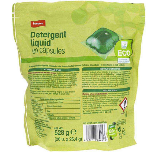BONPREU Detergent líquid ecològic de 20 càpsules