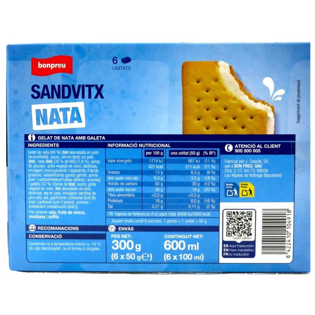 BONPREU Helado sándwich sabor de nata