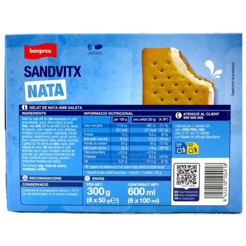 BONPREU Gelat sandvitx sabor de nata