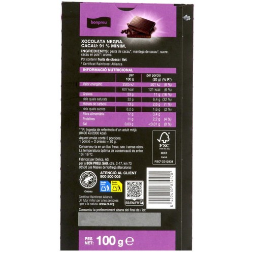 BONPREU Xocolata negra 91% cacau