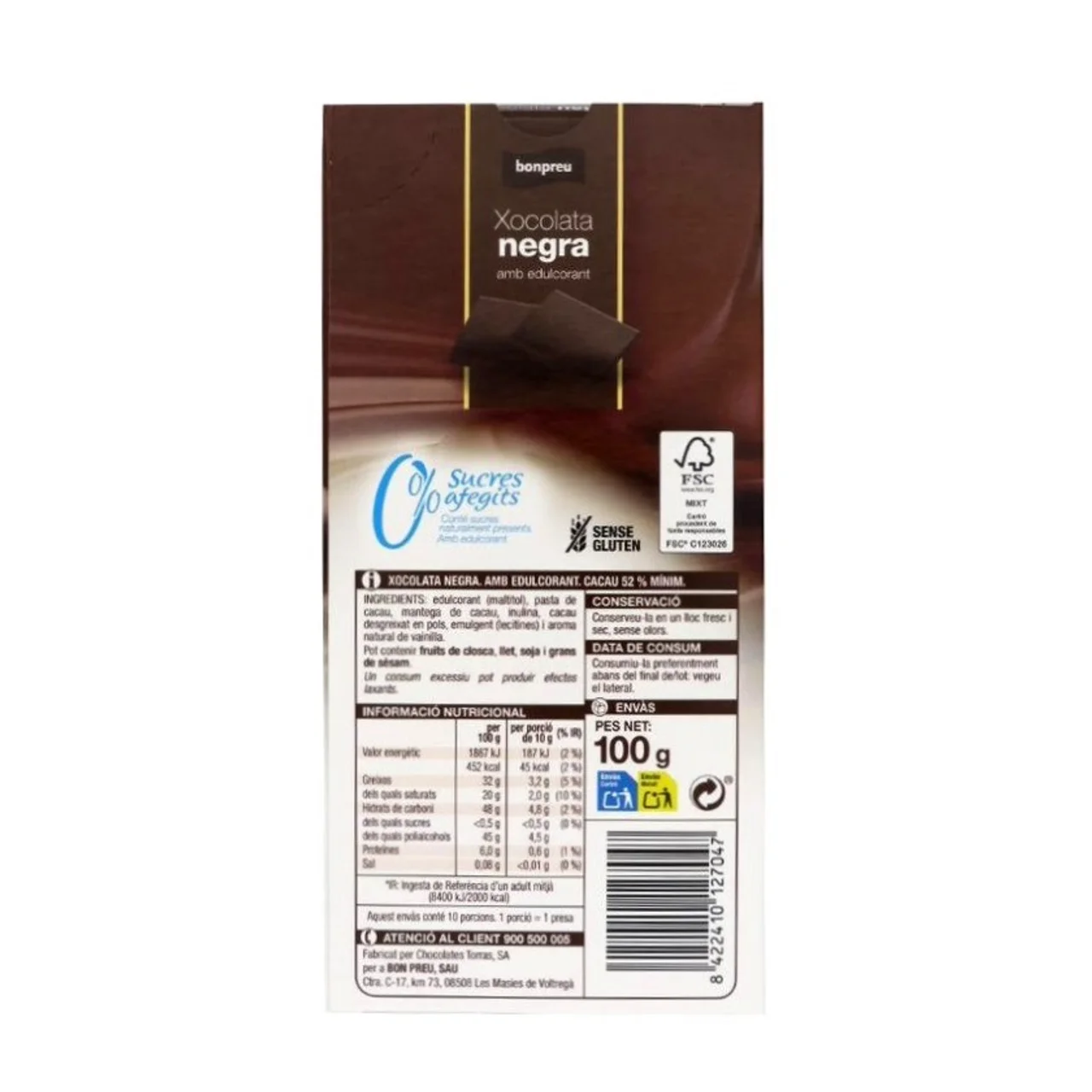 BONPREU Chocolate negro 0% azúcares añadidos