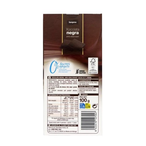 BONPREU Xocolata negra 0% sucres afegits